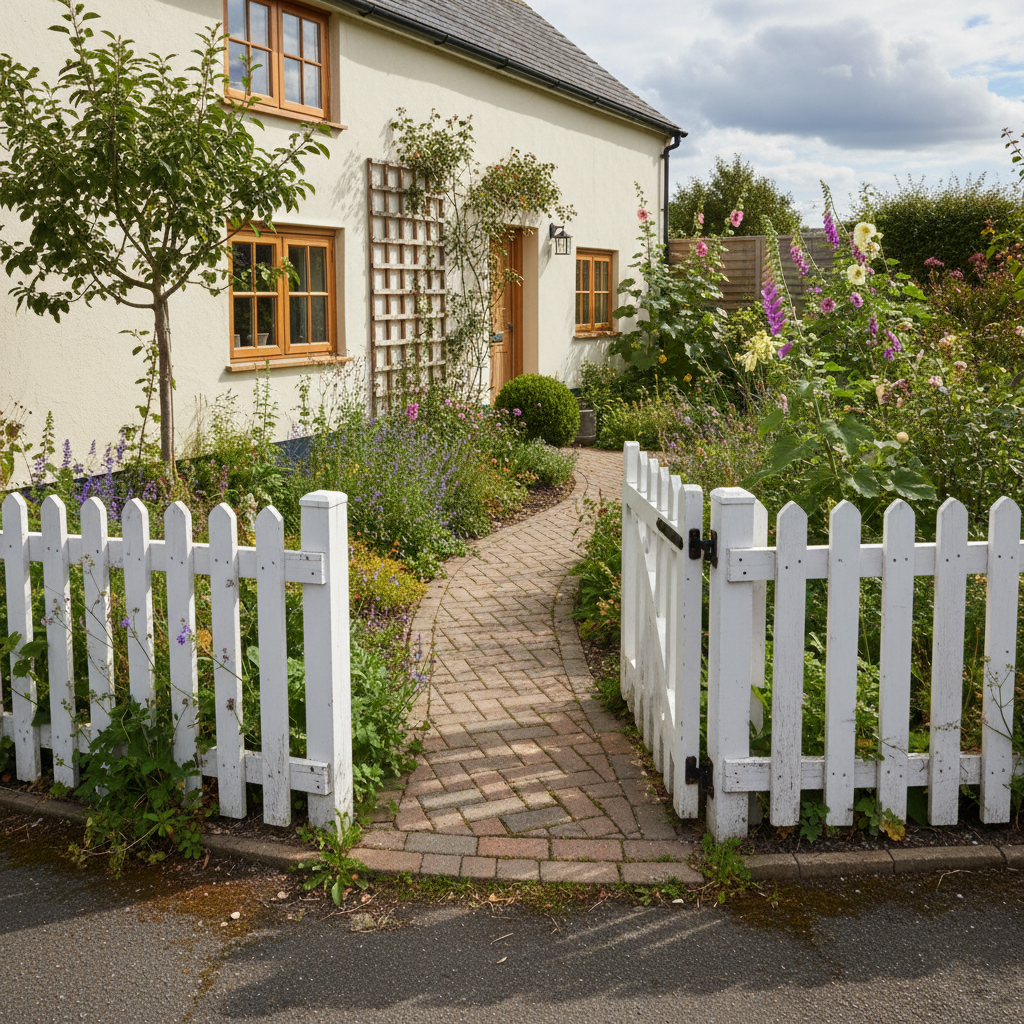 AI front yard design generator result: a cream rendered cottage behind a flaking white picket fence and gate, with a clay paver path curving from the gate to the door between deep borders of hollyhocks, foxgloves, catmint and geranium, a rose on a trellis and an apple tree to one side.