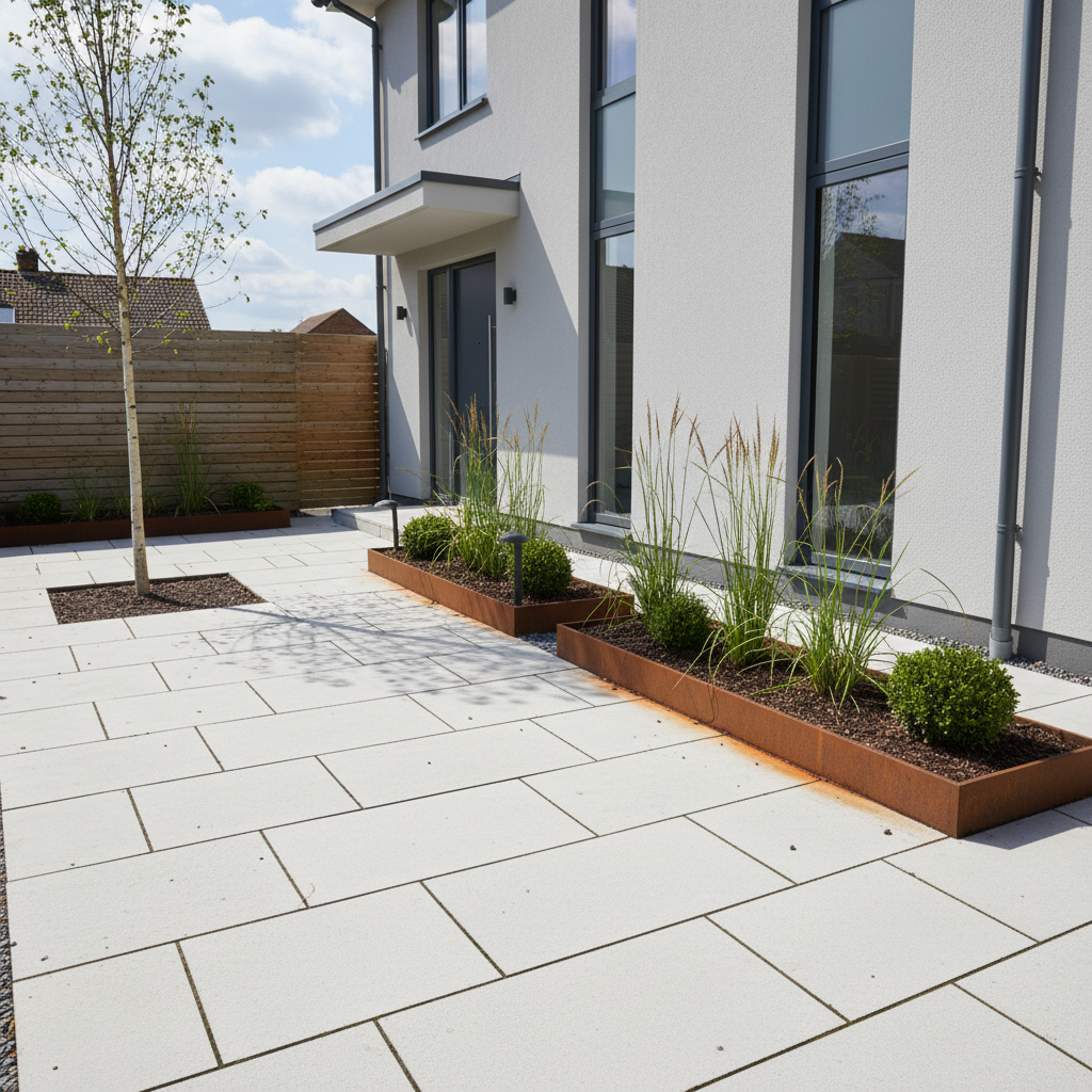 AI front yard design generator result: a pale rendered modern house fronted with large format porcelain paving, two rusted corten planters of grasses and clipped evergreen mounds staining the slabs orange, a birch in a square opening cut through the paving and a slatted timber fence.