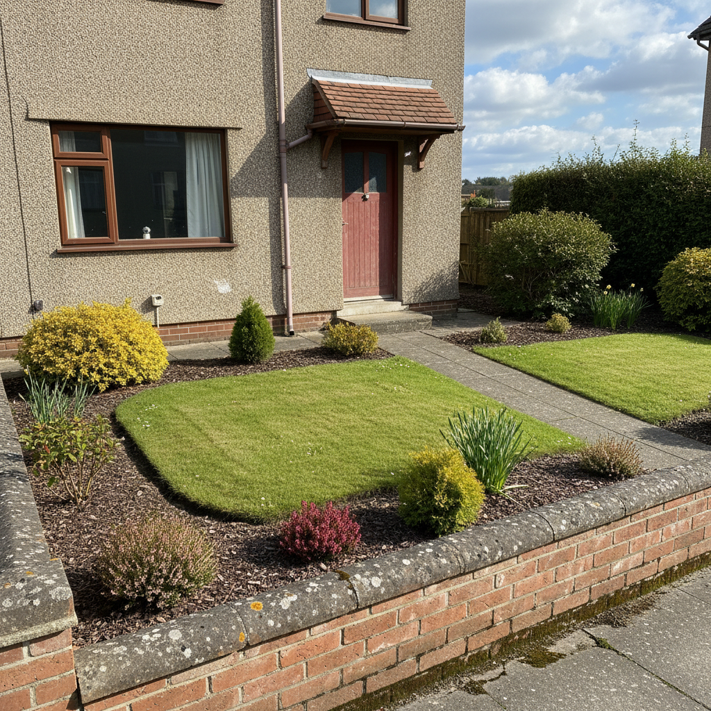 AI front yard design generator result: a pebbledashed 1950s house with a mown front lawn cut by mulched beds of potentilla, heathers and a dwarf conifer, a concrete flag path running to the porch step and a low brick wall with a lichen-crusted rounded cap along the pavement.