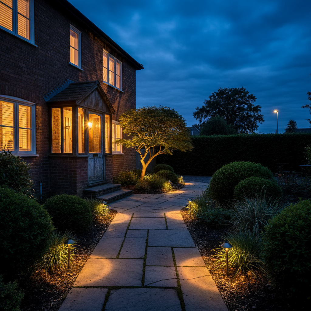 AI front yard design generator result: a brick house at blue dusk with warm lit windows, a lantern burning in the porch, four spike lights throwing overlapping pools along a stone slab path, an uplit multi-stemmed tree and a distant streetlight beyond the hedge.