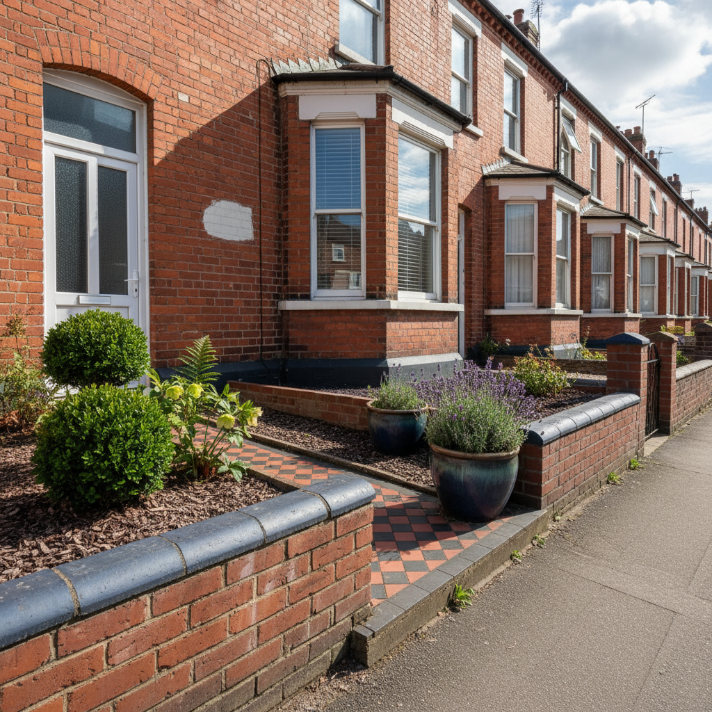 AI front yard design generator result: a Victorian red brick terrace with a shallow front strip, a black and red encaustic tile path three tiles wide, a brick-edged bed of box, fern and hellebore, two glazed pots of lavender and a capped brick wall running away down the street.