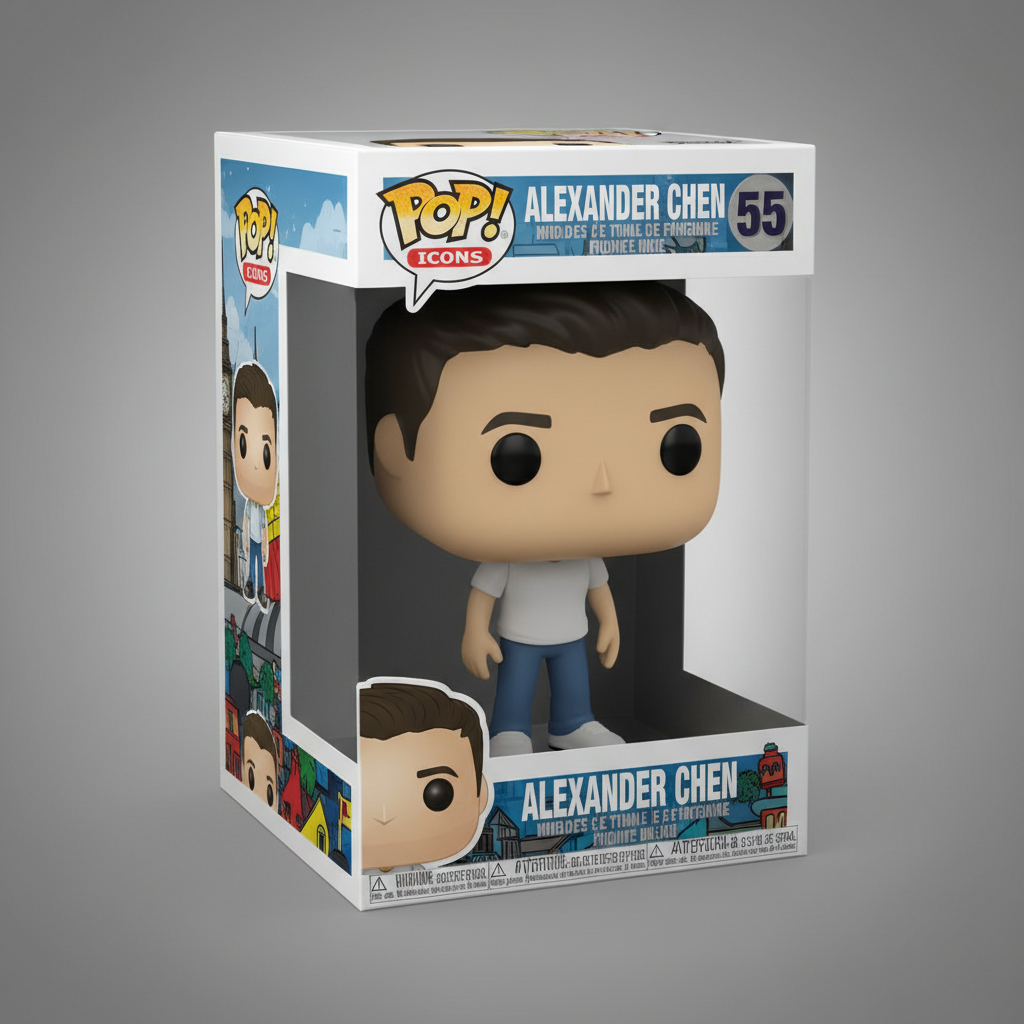 AI Funko Pop generator result — a person turned into a boxed vinyl figure with an oversized head and collector window packaging