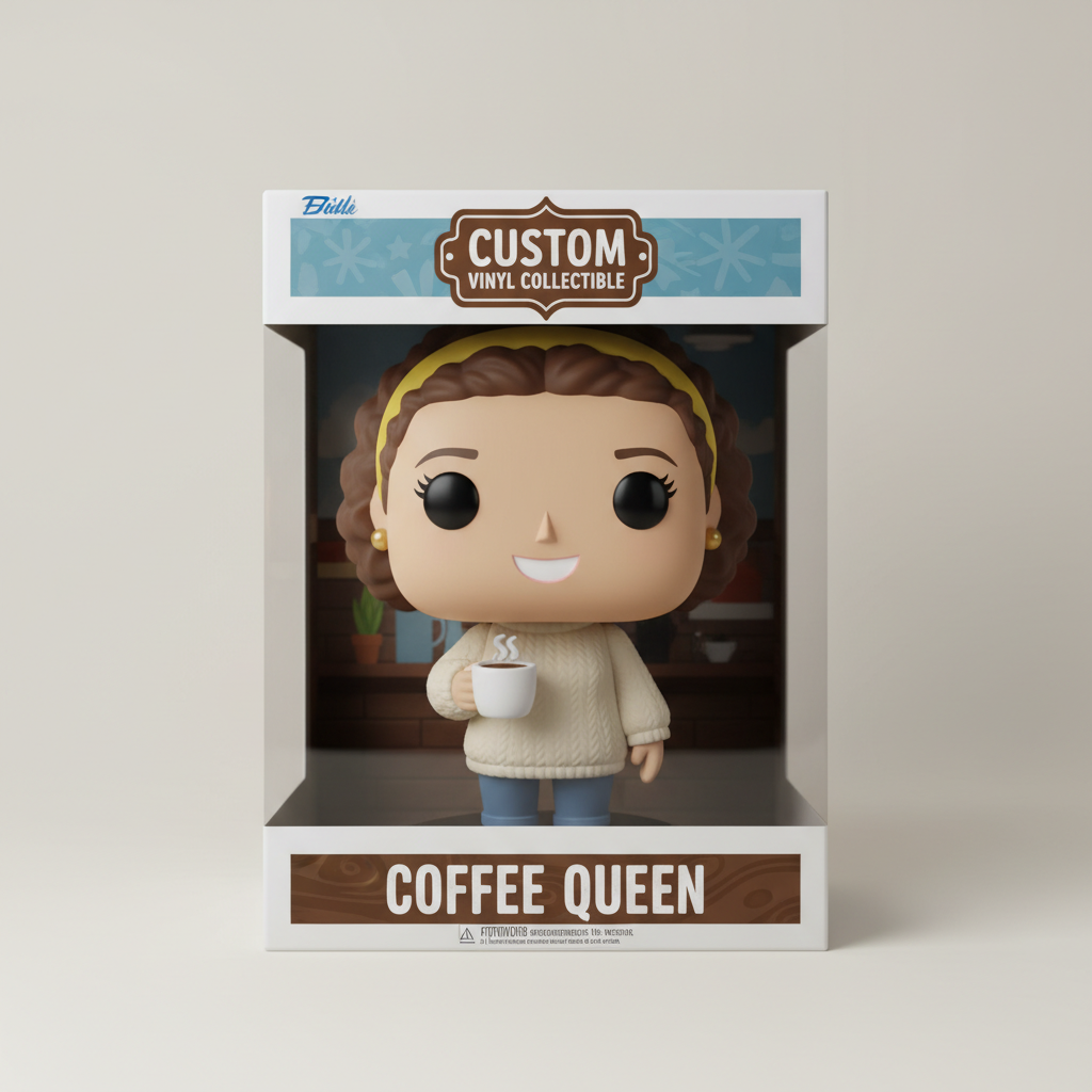 Custom AI Funko Pop-style vinyl figure of a woman with a coffee cup accessory in window collector packaging