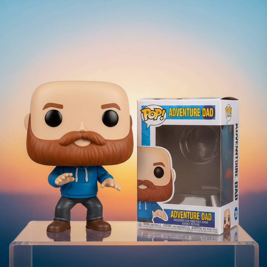 Funko Pop-style vinyl figure of a bearded man posed beside its open toy box, made by the AI Funko Pop generator