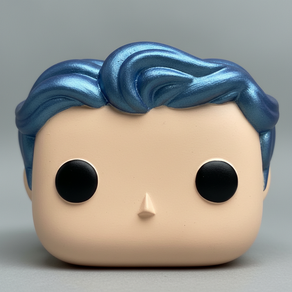 Close-up of a custom AI Funko Pop-style vinyl figure head showing the oversized square head and black dot eyes
