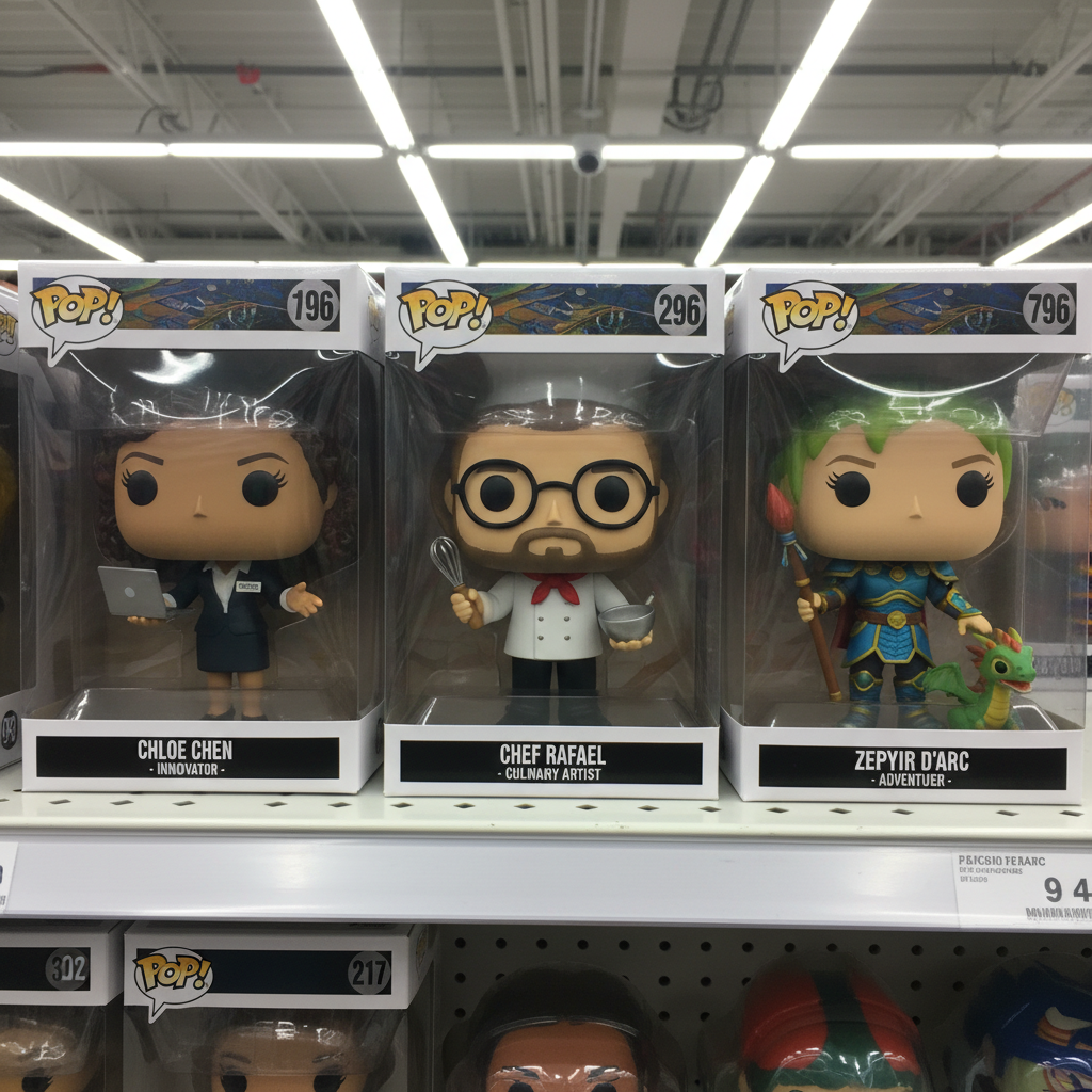 A row of three diverse personalized Funko Pop-style vinyl figures in collector window boxes on a store shelf