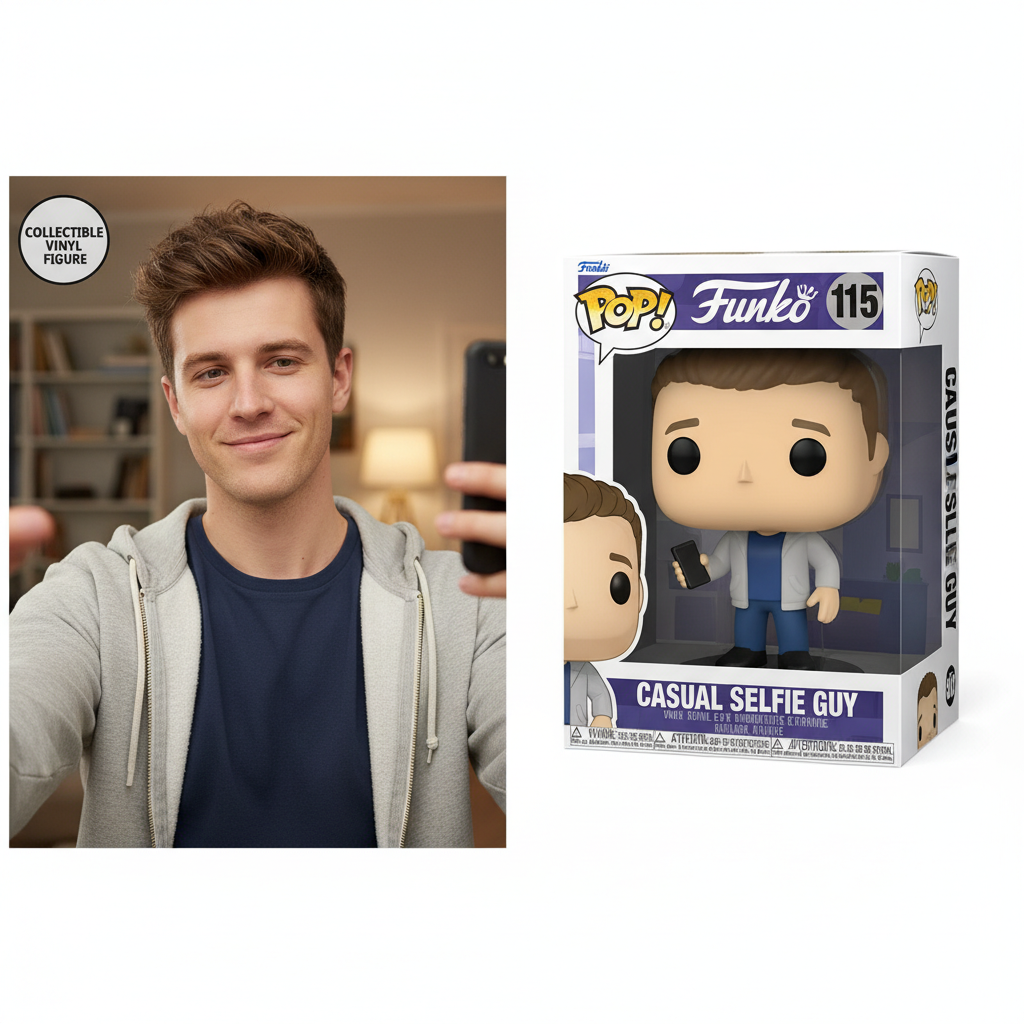 Before and after — a casual selfie transformed into a boxed Funko Pop-style vinyl figure by the AI Funko Pop generator