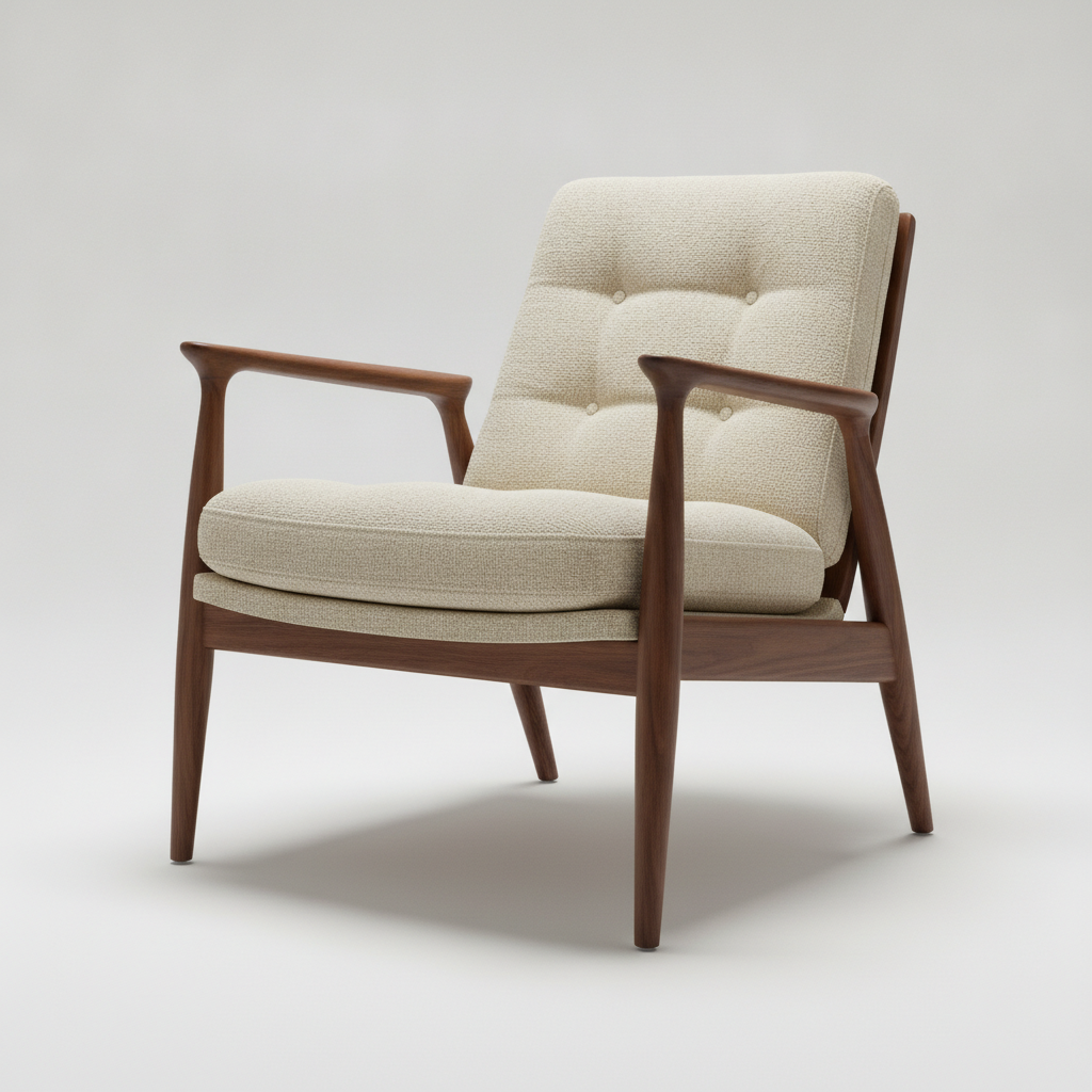 AI furniture design generator result: a modern lounge chair with a solid walnut frame, tapered legs and a sculpted armrest, upholstered in oatmeal boucle, photographed on a pale studio backdrop