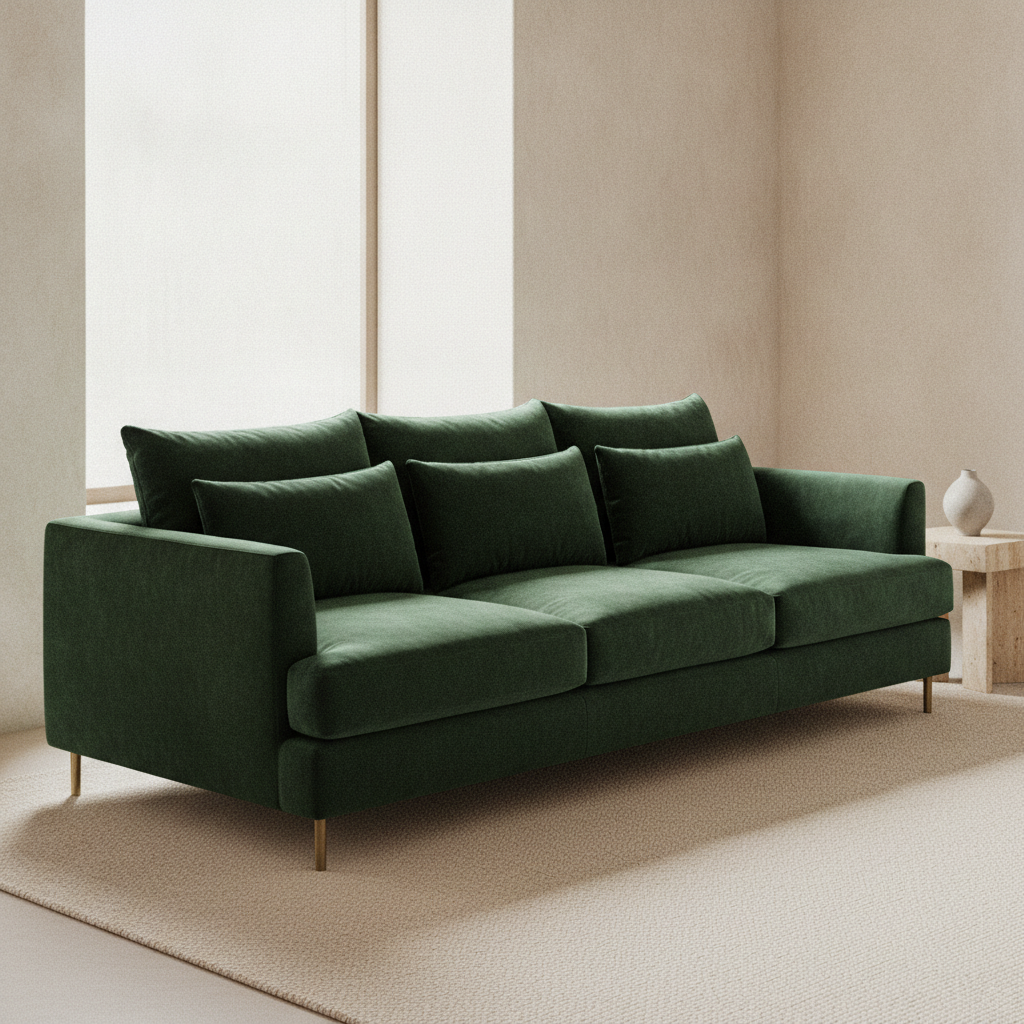 Sofa concept from the AI furniture design generator: a low modular three-seat sofa in deep forest green velvet with wide track arms and slim brushed brass legs, set against a warm off-white plaster wall