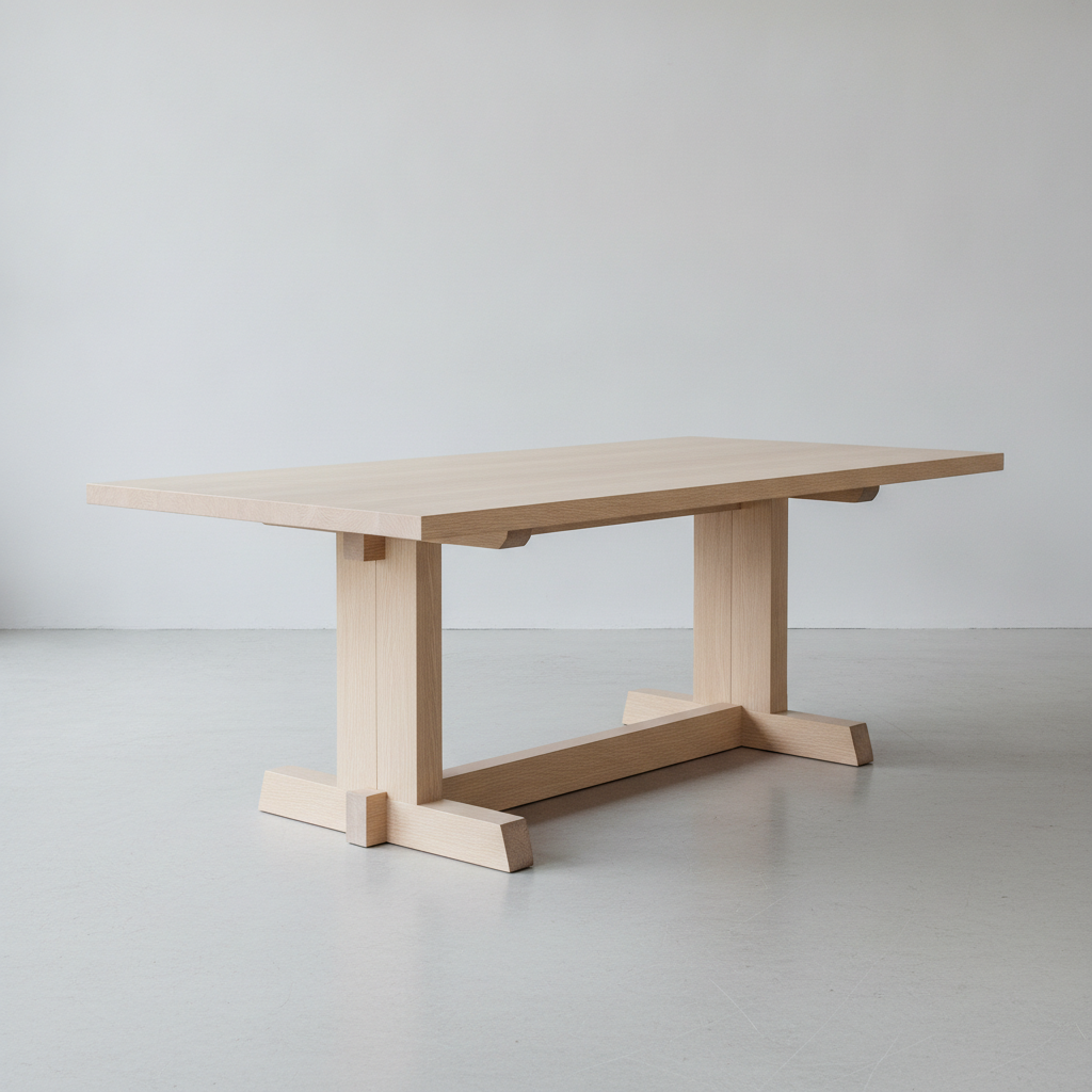Dining table designed with AI: a solid white oak table with a thick square-edge top and a sculptural angled trestle base, shown empty at a three-quarter angle