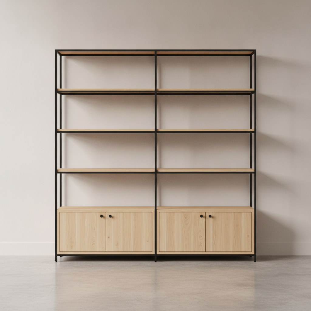 Shelving and storage concept generated by AI: a freestanding unit combining a matte black steel frame with light ash shelves and two closed base cabinets with plain ash doors and small black knobs
