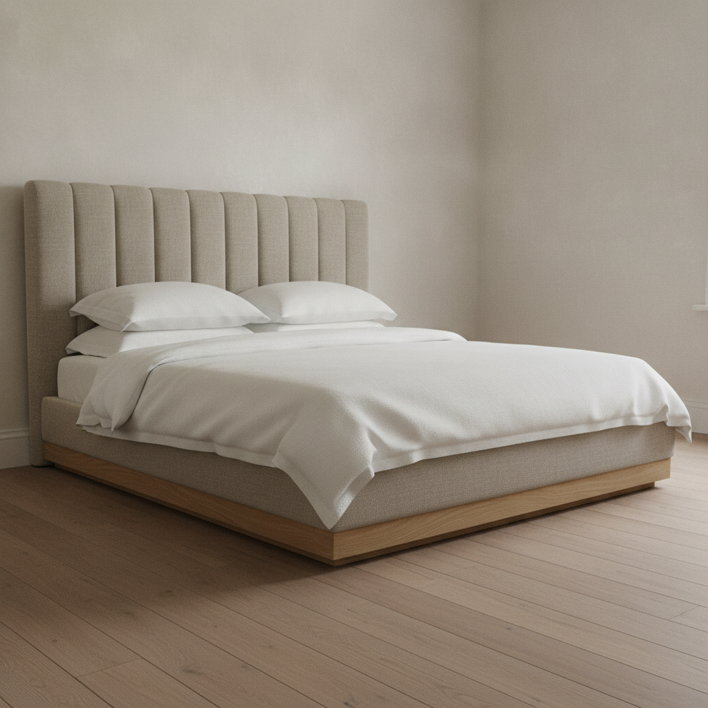 Bed frame from the AI furniture design generator: an upholstered platform bed in stone-coloured linen with a tall channel-tufted headboard and a recessed solid oak plinth base
