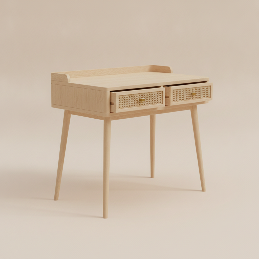 Desk concept designed with AI: a compact mid-century writing desk in pale ash with splayed round legs, two woven cane drawer fronts and small solid brass knobs