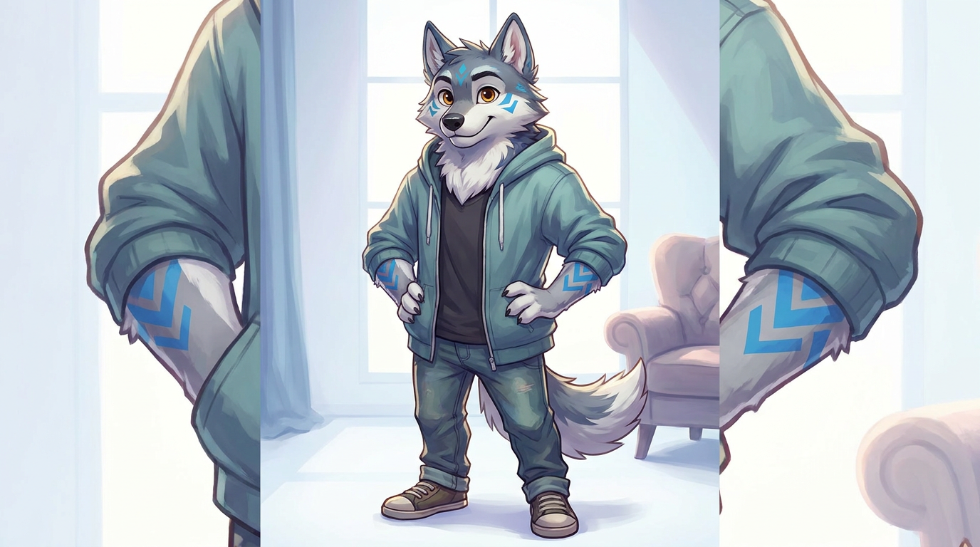 Original anthropomorphic wolf fursona with grey and white fur and blue markings created with the AI fursona generator