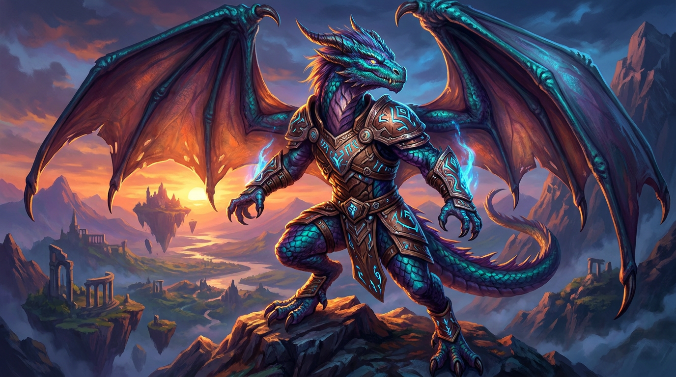 Teal and purple dragon scalie fursona with spread wings designed with the AI fursona generator