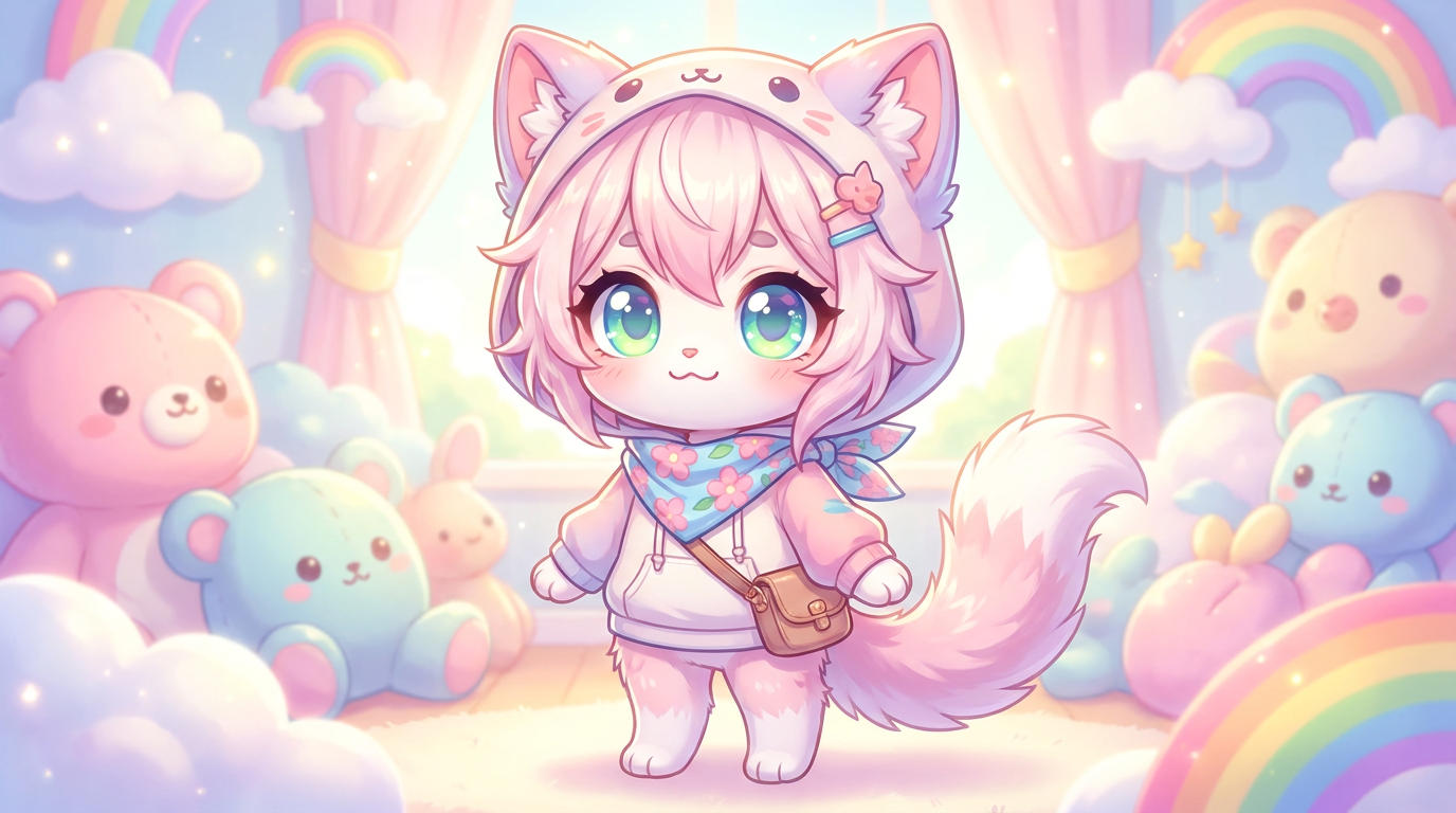 Cute pastel pink cat feline fursona in kawaii chibi style made with the AI fursona generator