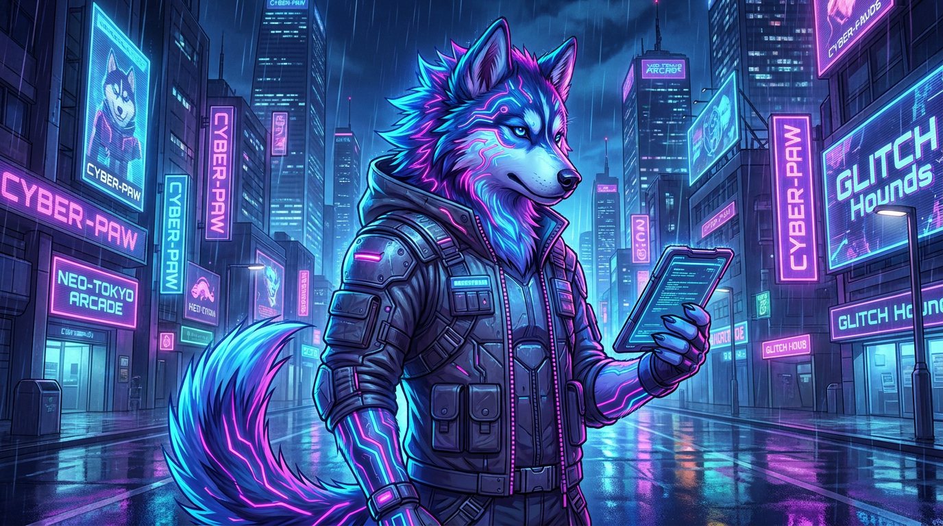 Cyberpunk husky fursona with neon fur and glowing tech markings created with the AI fursona generator