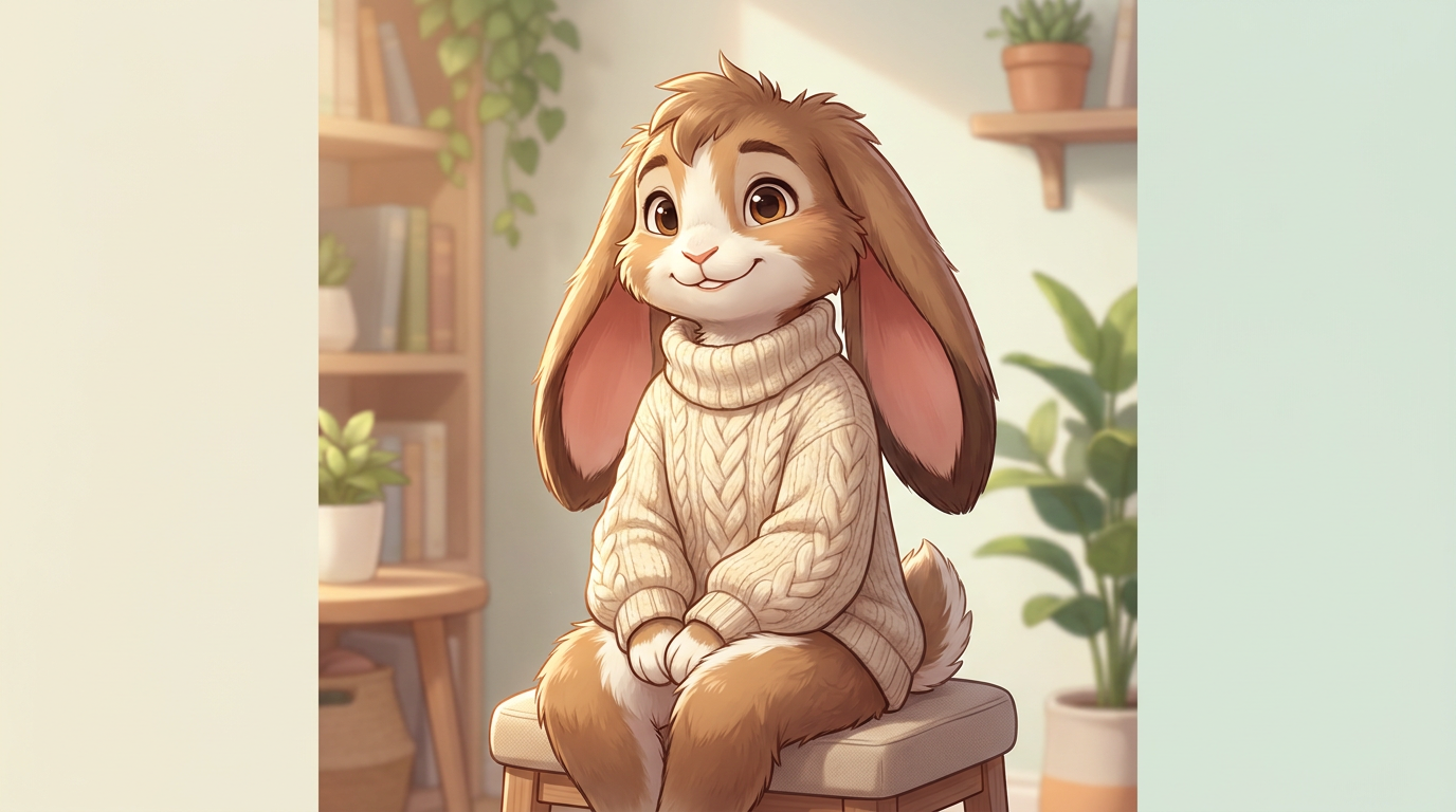 Wholesome brown and white rabbit fursona in a cozy sweater designed with the AI fursona generator