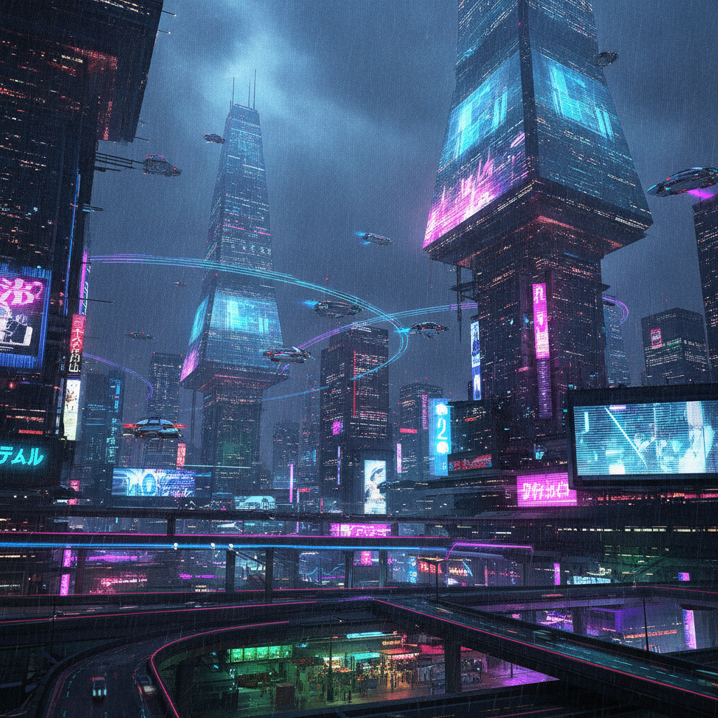 AI futuristic art of a sprawling neon megacity at night with holographic skyscrapers and flying vehicles