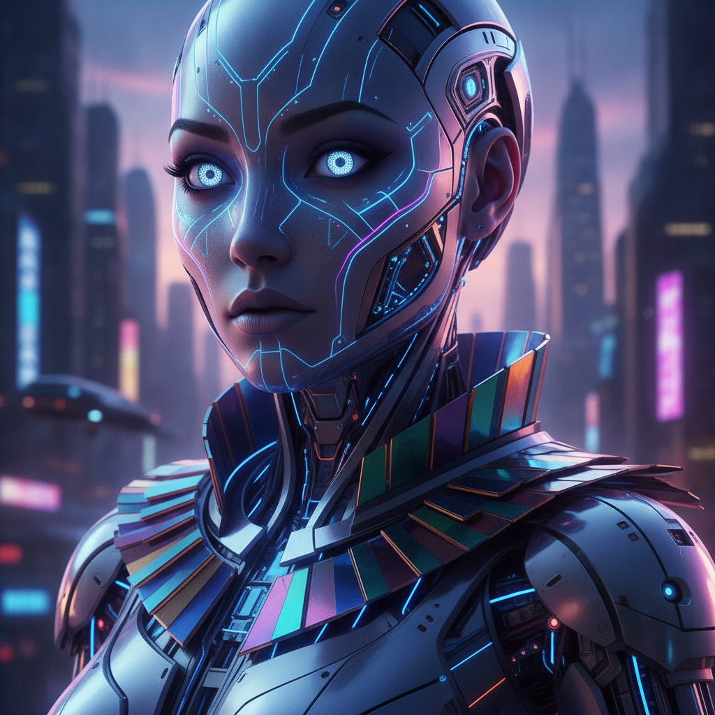 AI futuristic art portrait of an android woman with glowing circuit-pattern skin and chrome details