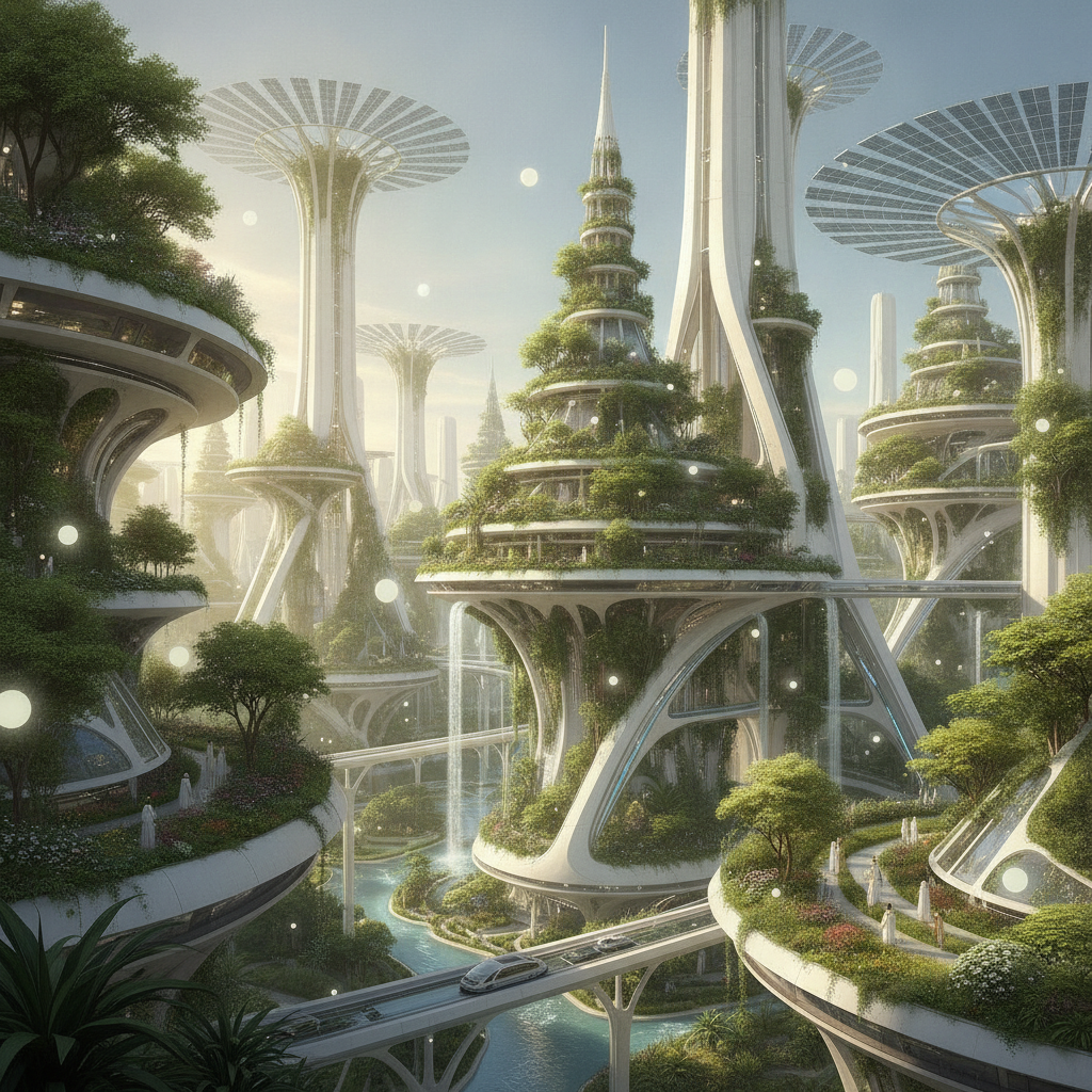 AI futuristic art of a utopian solarpunk city with gleaming white spires and floating gardens