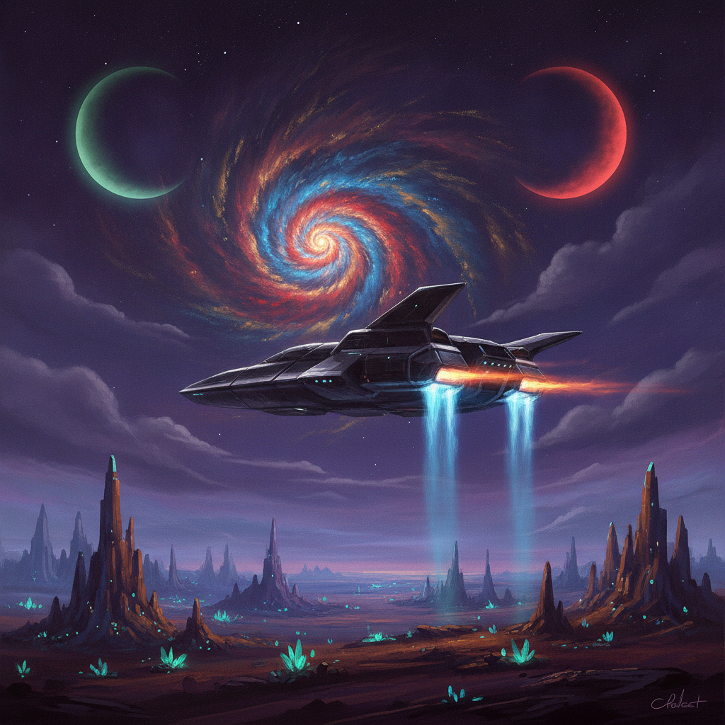 AI futuristic art of a spacecraft hovering above an alien planet with a distant nebula and twin moons