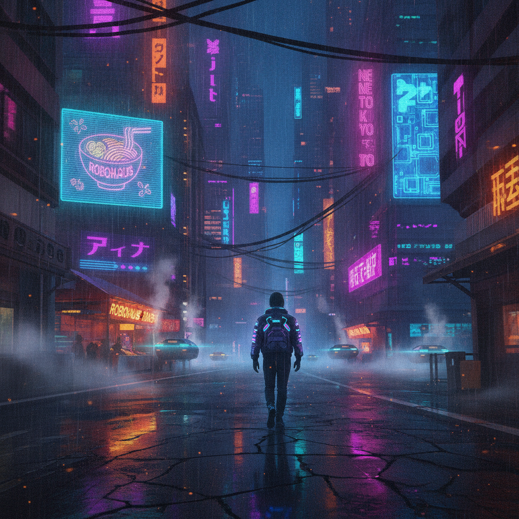 AI futuristic art of a rain-soaked cyberpunk street scene with neon signage reflected on wet pavement