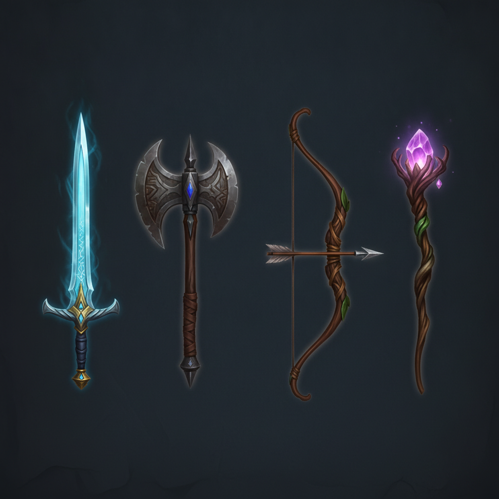 AI game asset generator result showing a sheet of fantasy RPG weapon icons — a glowing blue longsword, battle axe, wooden bow, and magic staff — as clean game-ready item art
