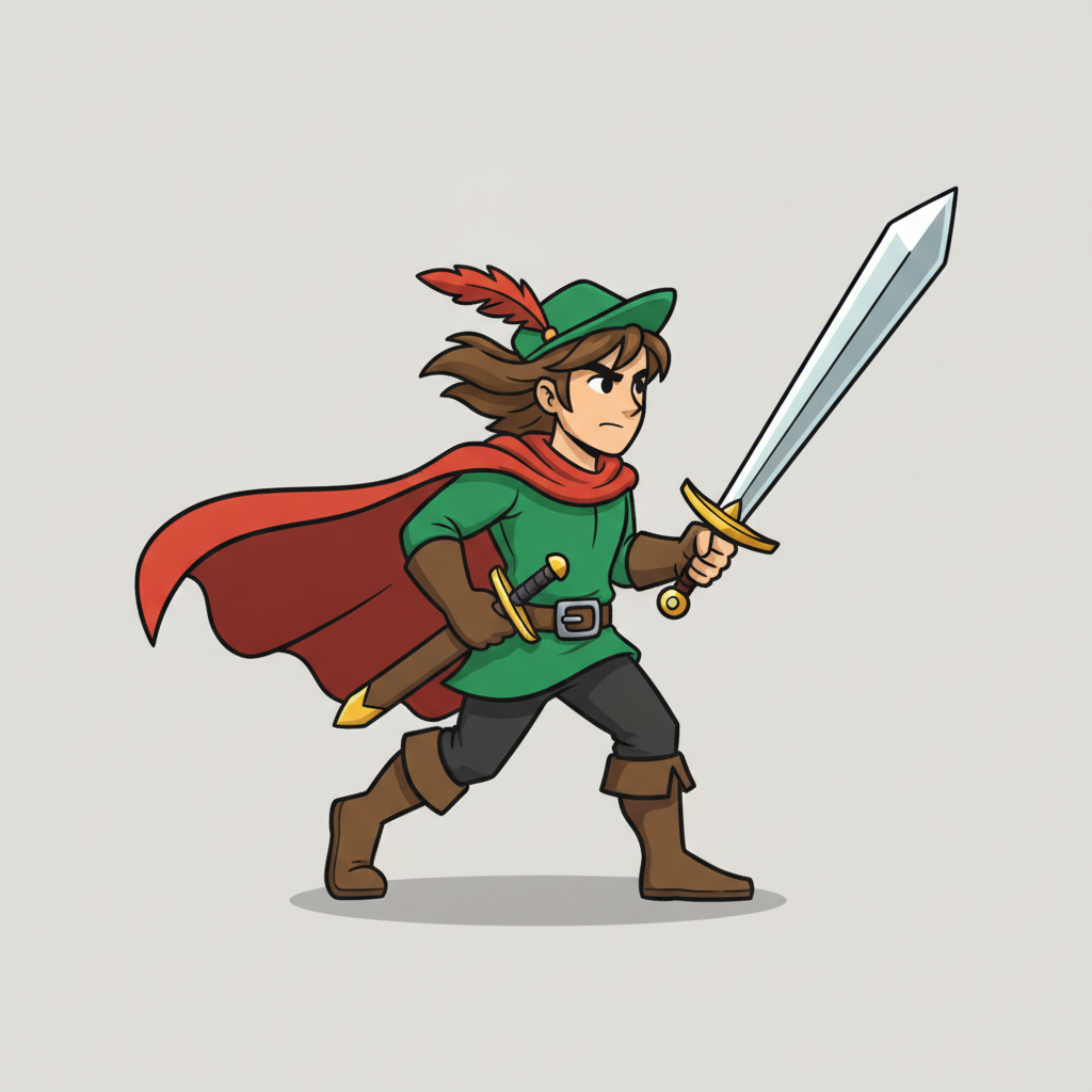 AI game asset generator result showing a 2D platformer hero character sprite in a green tunic with a sword, full-body cartoon game art on a plain background