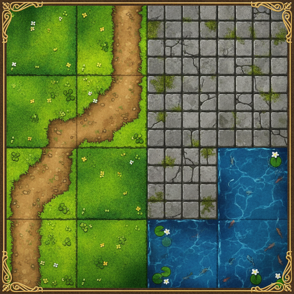 AI game asset generator result showing a fantasy environment tileset with grass, dirt path, stone brick, and water tiles arranged in a neat grid for a 2D RPG