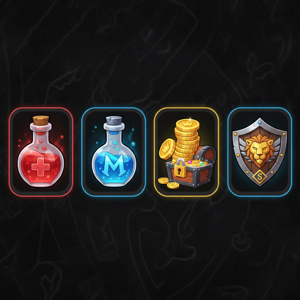AI game asset generator result showing mobile game UI item icons — a red health potion, blue mana potion, gold coin stack, treasure chest, and shield — on dark rounded card frames