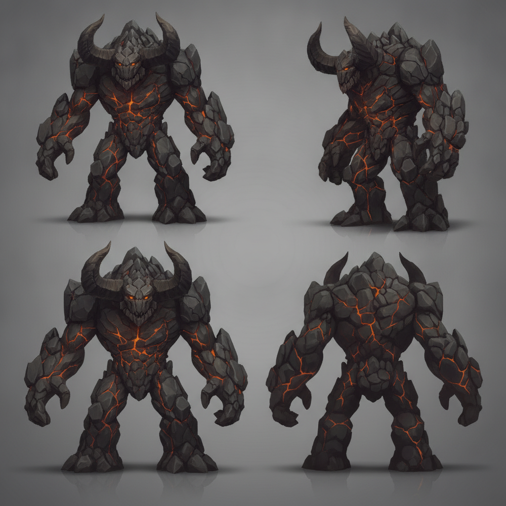 AI game asset generator result showing a stylized 3D monster enemy — a horned rock golem with glowing orange cracks — in a dynamic battle pose for a game