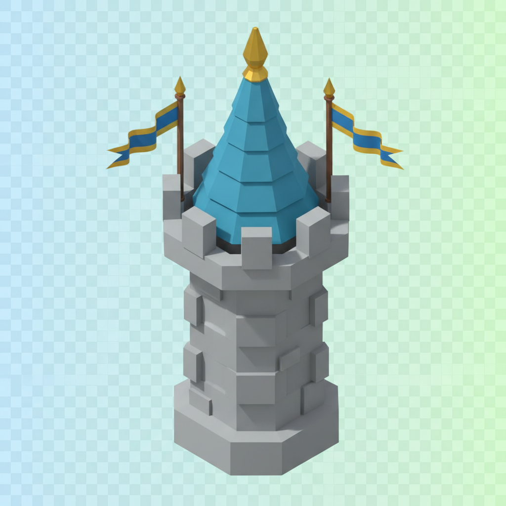 AI game asset generator result showing an isometric medieval fantasy stone tower building with a blue conical roof rendered as a clean low-poly game asset