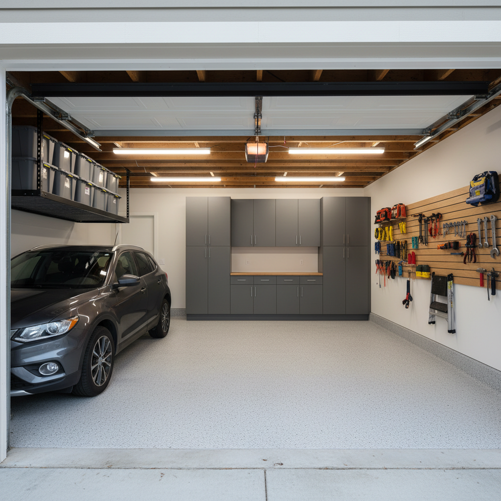 AI garage design generator result: a finished two-car garage seen from just inside the open door, with a light grey flake epoxy floor, graphite cabinets under a butcher-block counter, a slatwall tool wall on the right and an overhead storage rack on the left, one dark SUV parked in the near bay. The materials are the part to trust. The flake epoxy reads exactly like flake epoxy rather than paint, the butcher block has real grain, the exposed joists and the retracted door sections above them are convincing, and the slatwall tools are hung the way somebody who uses them would hang them. Then the countable things drift. There are six linear shop lights at five different spacings and two different lengths. The overhead rack on the left sits directly in the path of the retracted door panels, so opening the door would drive them into the bins. The torsion spring and shaft that should run across the header above the opening are simply absent, and the opener hangs from a stub bracket with its rail going nowhere. There is a white door to the house on the back left, which makes this an attached garage, and an attached garage cannot leave its ceiling joists bare on the house side. Not one electrical outlet or light switch appears on any wall.