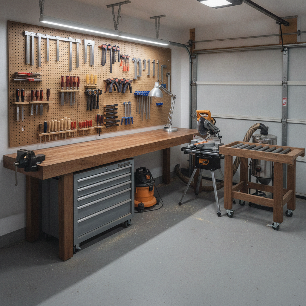 AI garage design generator result: a single bay set up as a woodworking shop, with a thick hardwood bench and end vice along a pegboard tool wall, a rolling tool chest beneath, a mitre saw on its own stand and a dust extractor on a cart, sawdust on a sealed grey floor. This is the most usable image in the set for showing somebody the idea of a shop, and the most wrong about how a shop works. The bench leg lands in front of the tool chest, so the chest can never be pulled out. The vice hangs off the very end of the bench with nothing under it. The mitre saw sits well away from the bench at a different height with no infeed or outfeed support, which was specifically asked for. The dust hose loops from the saw to a canister jammed under a roller conveyor that is not a dust extractor and not a cart, it is two pieces of furniture merged. The tool chest carries a garbled metal badge and there is an illegible red and white sticker on the door, so the no-text instruction leaked twice. There are no receptacles anywhere for the corded vacuum and the corded lamp, and the shop light over the door is mounted where the opening door would hit it.