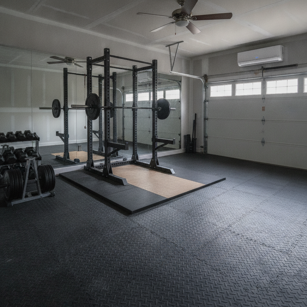 AI garage design generator result: a two-car garage converted to a home gym, with black rubber floor tiles wall to wall, a squat rack on a platform, a mirror wall, a plate and dumbbell rack, a mini-split head high on the end wall and an insulated door with glazed top panels. The atmosphere is right and almost everything measurable is not. The rack uprights are not square to the platform and one of them stands off the platform on bare tile, while the bar sits in J-cups at visibly different heights left and right and is loaded two plates one side, one and a half the other. The mirror reflects a rack that does not match the rack in front of it and shows a door and window strip that cannot be in view from that angle. The mini-split head is mounted directly above the door opening, in the travel path of the door panels, with a line set that vanishes into the wall and no condensate drain. The ceiling fan hangs low enough over the platform that an overhead press would find it. For a room this size there is no lighting at all beyond the small fixture in the fan.