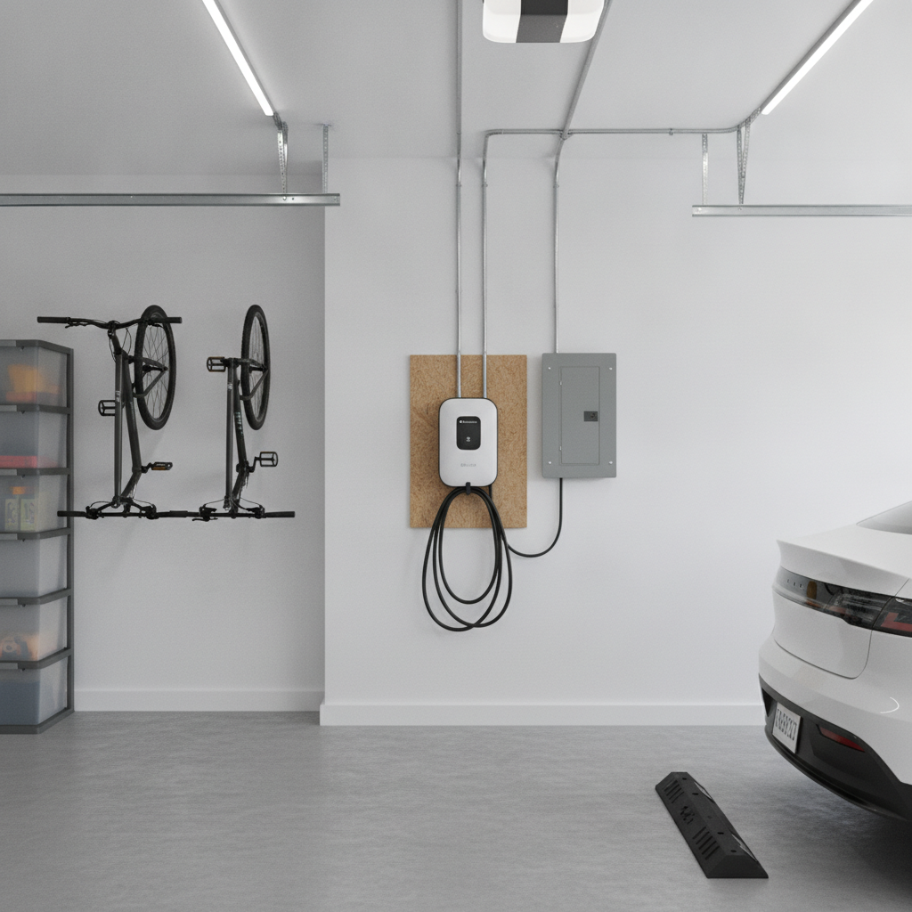 AI garage design generator result: a garage wall set up for electric vehicle charging, with a wall unit on an OSB backer board, its cable coiled on a hook, a subpanel beside it, conduit running up the wall and along the ceiling, two bikes on wall hooks and a rack of bins, the rear of a white car on the right. The conduit is the giveaway and it is worth learning to read. Three conduits drop from the ceiling to the charger, two enter the enclosure and the third runs into the backer board and stops. The subpanel has one flexible cord leaving the bottom and nothing at all entering the top, so the feeder that would make the panel live does not exist anywhere in the picture. The charger face carries a garbled logo and a line of illegible lettering, and the car has an invented licence plate, so this is the frame with the worst text leak of the six. The bikes hang from a horizontal rail by their pedals rather than from front-wheel hooks, and both have lost most of a drivetrain. The wheel stop lies loose on the floor at an angle to the car. Again there is not one receptacle or switch on the wall.