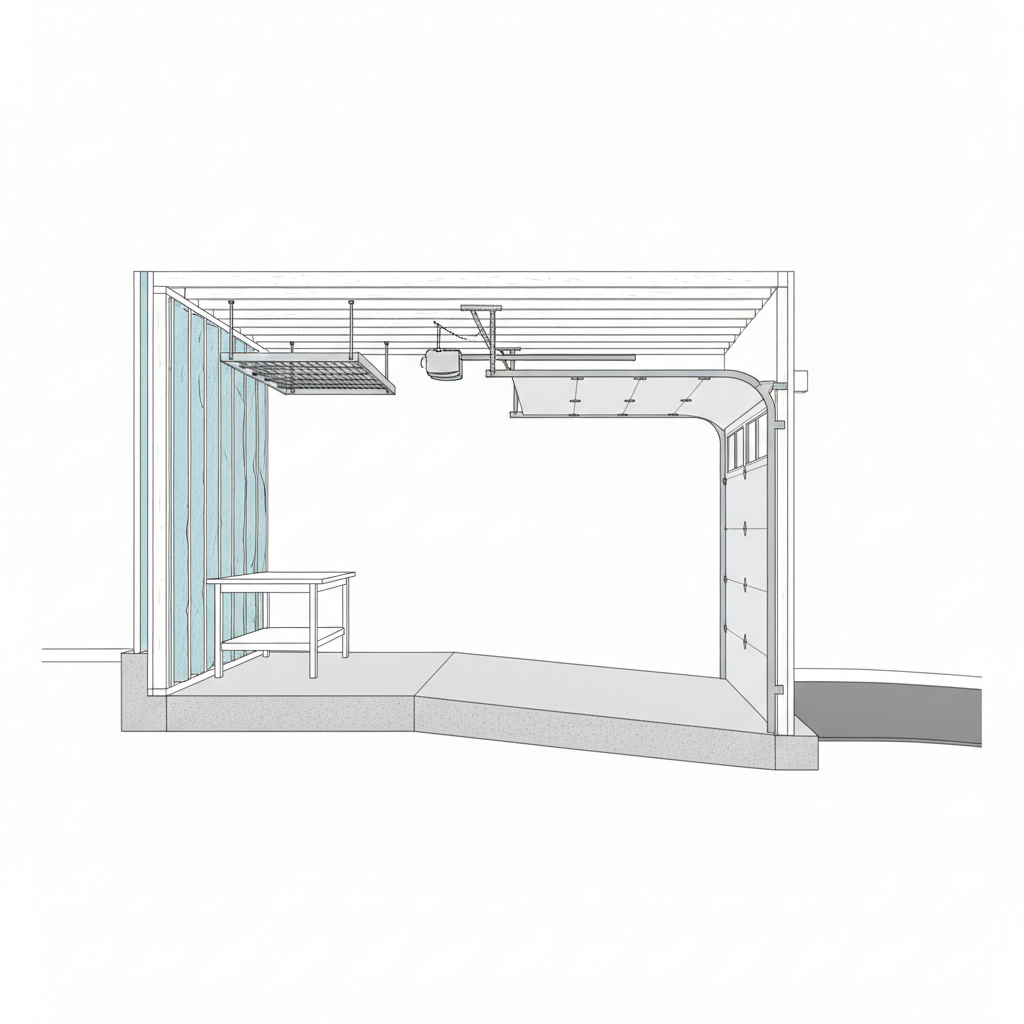 AI garage design generator result: a line-drawn cross-section of an attached garage showing the slab, an insulated stud wall on the left, ceiling joists, an overhead storage rack on hangers, an opener on its rail, a workbench in section and the sectional door standing in its vertical track and curving over into the horizontal ceiling track. The door track is the one thing here a builder would nod at. The curve from vertical jamb track to horizontal ceiling track is drawn correctly, the opener and its rail are in the right relationship to it, and the drawing is completely free of text. Everything structural is missing or wrong. The slab does not fall toward the door as asked, it steps up in the middle, so the drawing shows a trip where it should show a slope. There is no thickened edge, no footing under the left wall and no gravel bed, and the bottom plate is anchored to nothing. There is no header over the door opening and no top plate under the joists. The torsion spring, shaft, drums and cables above the header, which are the entire counterbalance system, do not appear at all. The insulation is a scribbled fill with no drywall over it, which on an attached garage is exactly the fire separation layer you cannot leave out. And despite asking for a flat orthographic section, the joists recede in perspective.
