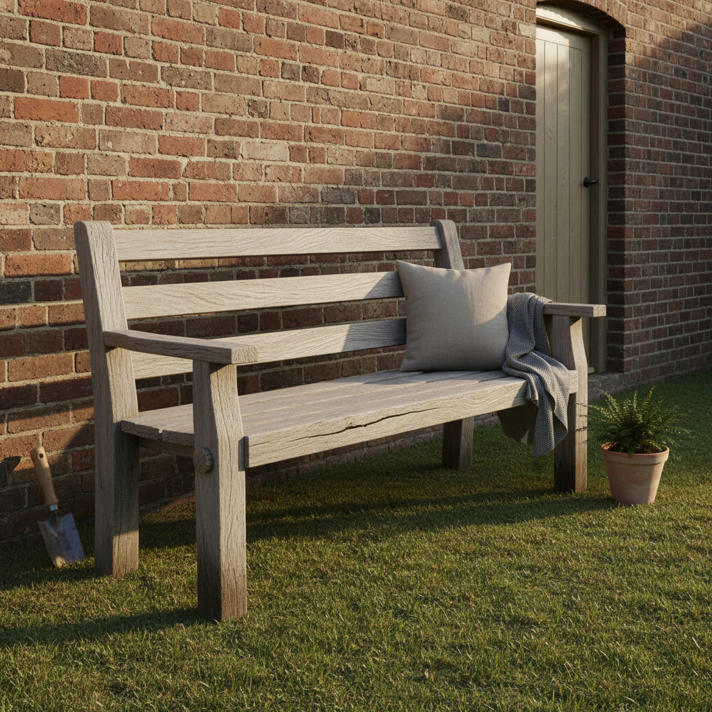AI garden bench design generator result: a classic garden bench in heavily weathered oak on mown grass against an old red brick garden wall, an open split running along the seat, an oak peg driven through the near front leg with both ends proud, in low warm afternoon light from the left.