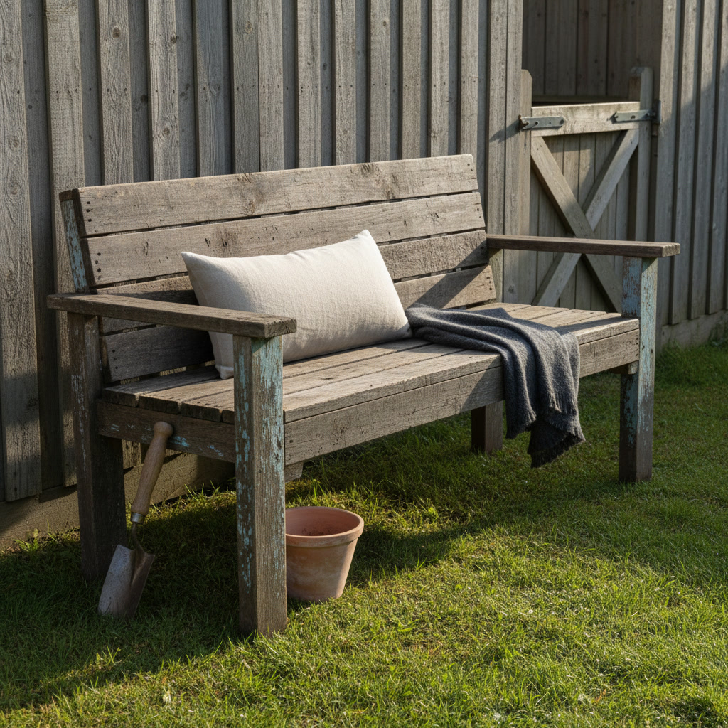 AI garden bench design generator result: a garden bench built from reclaimed scaffold boards of mismatched widths, ancient pale blue paint surviving only in the grain of the legs and worn off the raised parts, standing on grass in front of a close-boarded timber fence and gate.