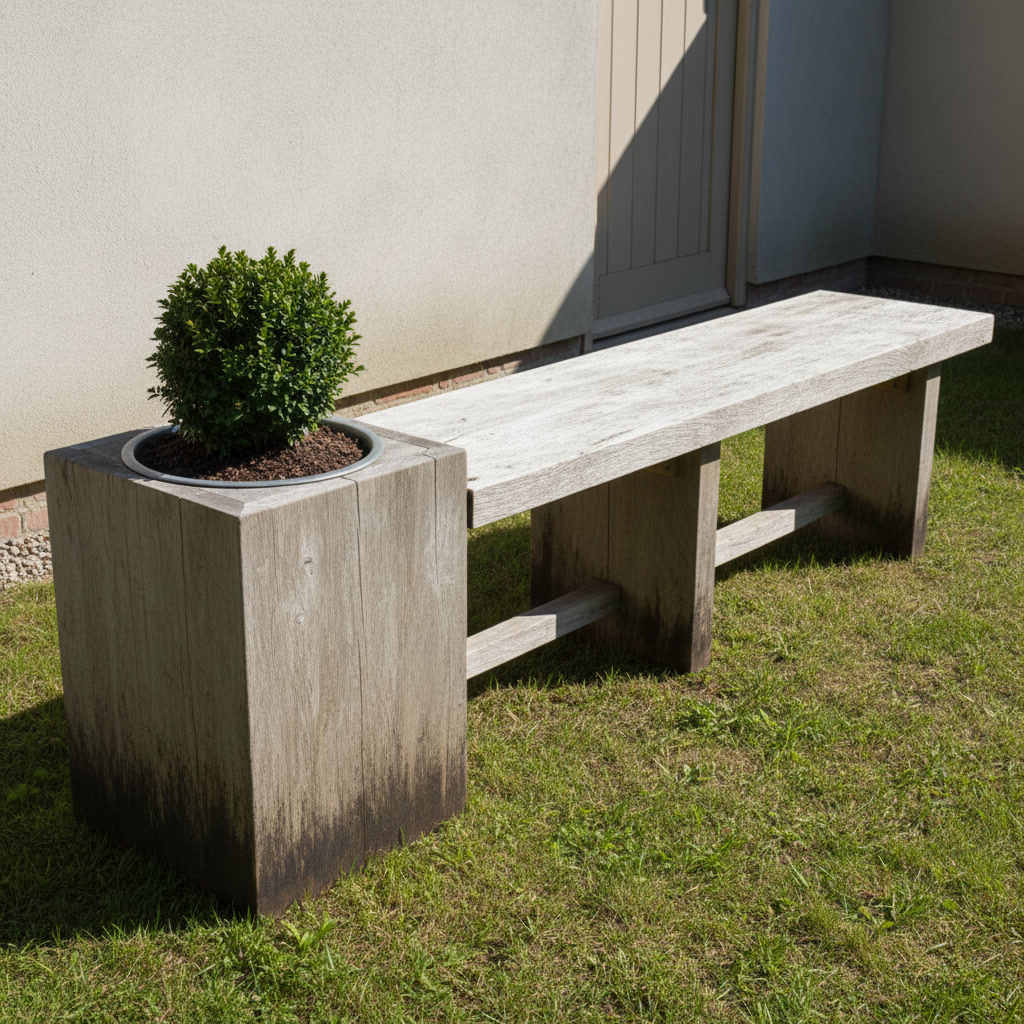 AI garden bench design generator result: a weathered larch garden bench with a planter built into the near end, a metal liner dropped into a hole cut through the top of the boxed pier with only its rim proud and compost heaped above it, a clipped evergreen growing out of it.