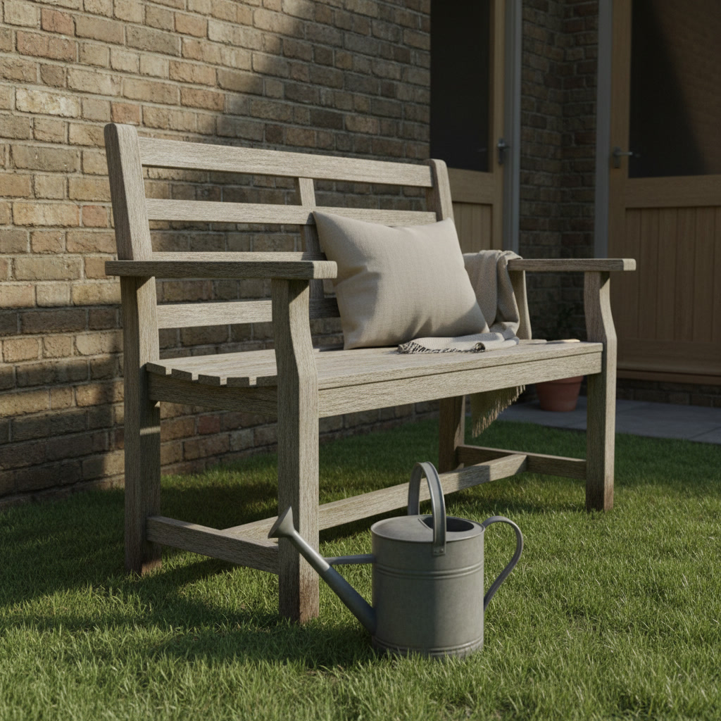 AI garden bench design generator result: a compact two-seater garden bench of weathered softwood on grass in a narrow town garden, with a plain unstamped galvanised watering can standing on the grass in front of the near leg, in afternoon light from the right.