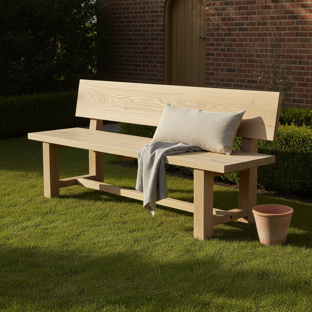 AI garden bench design generator result: a modern minimalist garden bench in pale oak with a single wide back board and square straight legs, standing on mown grass beside a clipped box hedge with a brick house wall behind it.