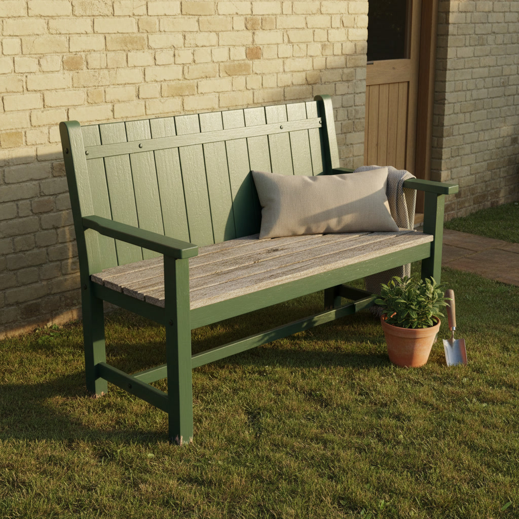AI garden bench design generator result: a garden bench painted deep sage green with a boarded back and a bare silvered oak seat, the paint chipped back to bare timber at the foot of each leg, against a lime-washed brick wall in low evening light.