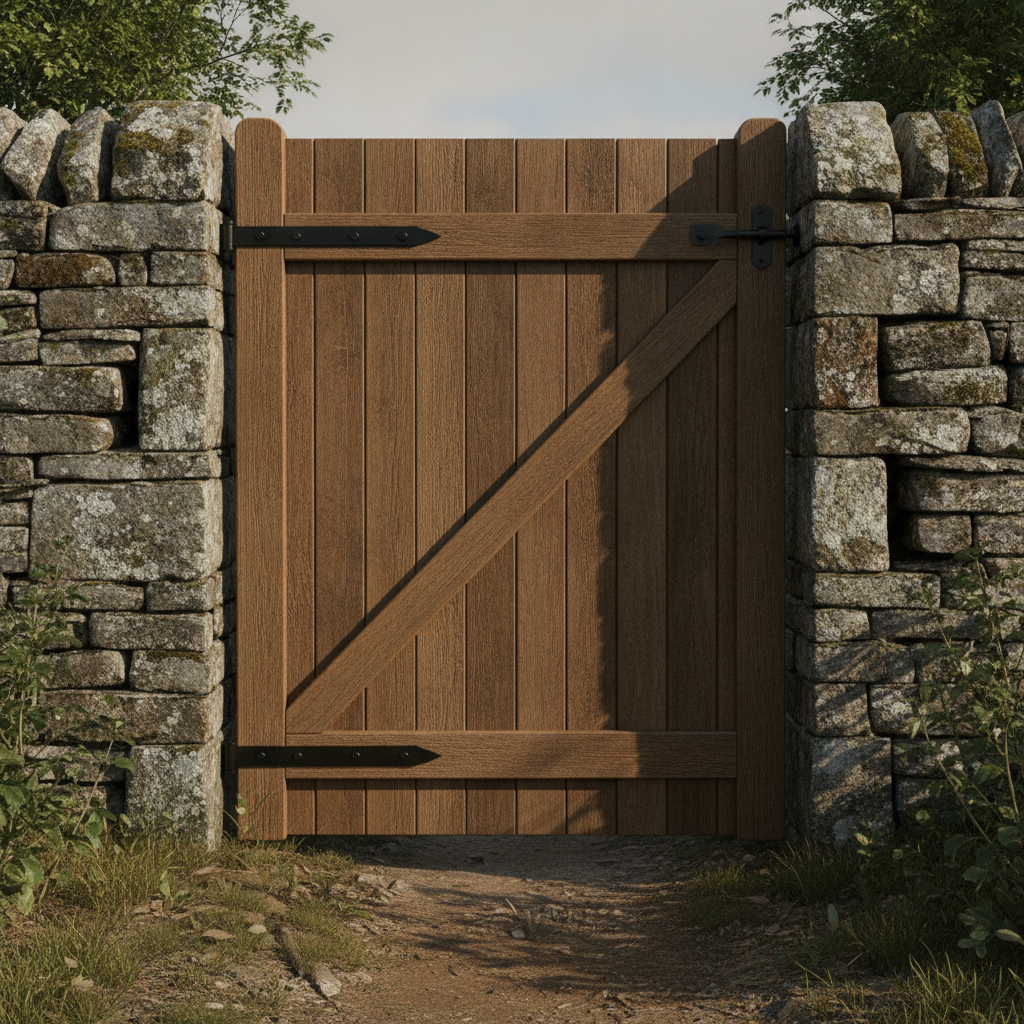 AI garden gate design generator result: a braced oak gate of upright boards with two black strap hinges and one diagonal brace, hung in a gap in a lichened drystone wall