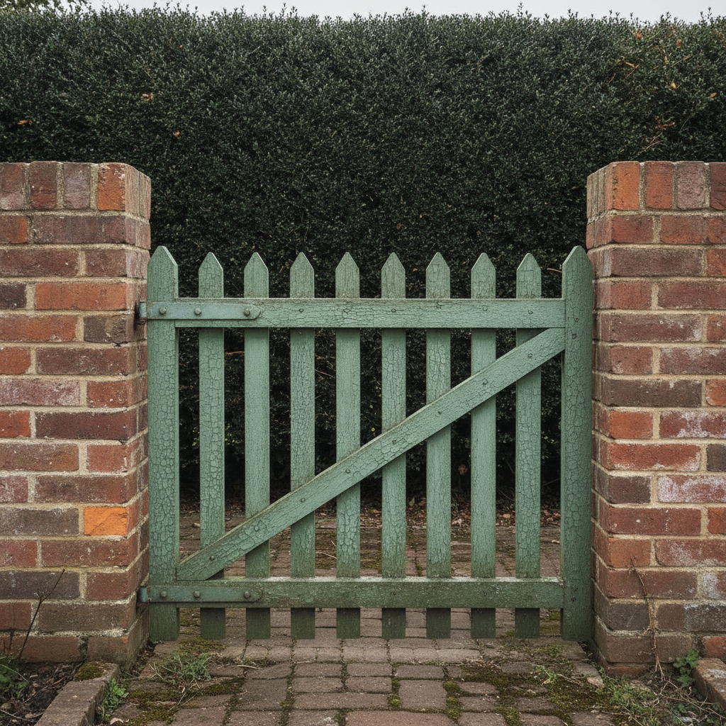 AI garden gate design generator result: an old picket gate in crazed bottle-green paint hung between two red brick piers in front of a dark privet hedge