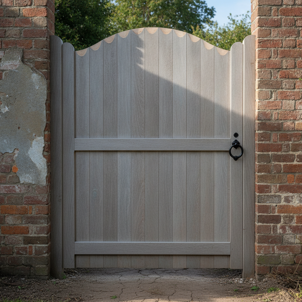 AI garden gate design generator result: a tall curved-top gate of weathered grey larch boards with an iron ring handle, hung in an opening in a damaged brick wall