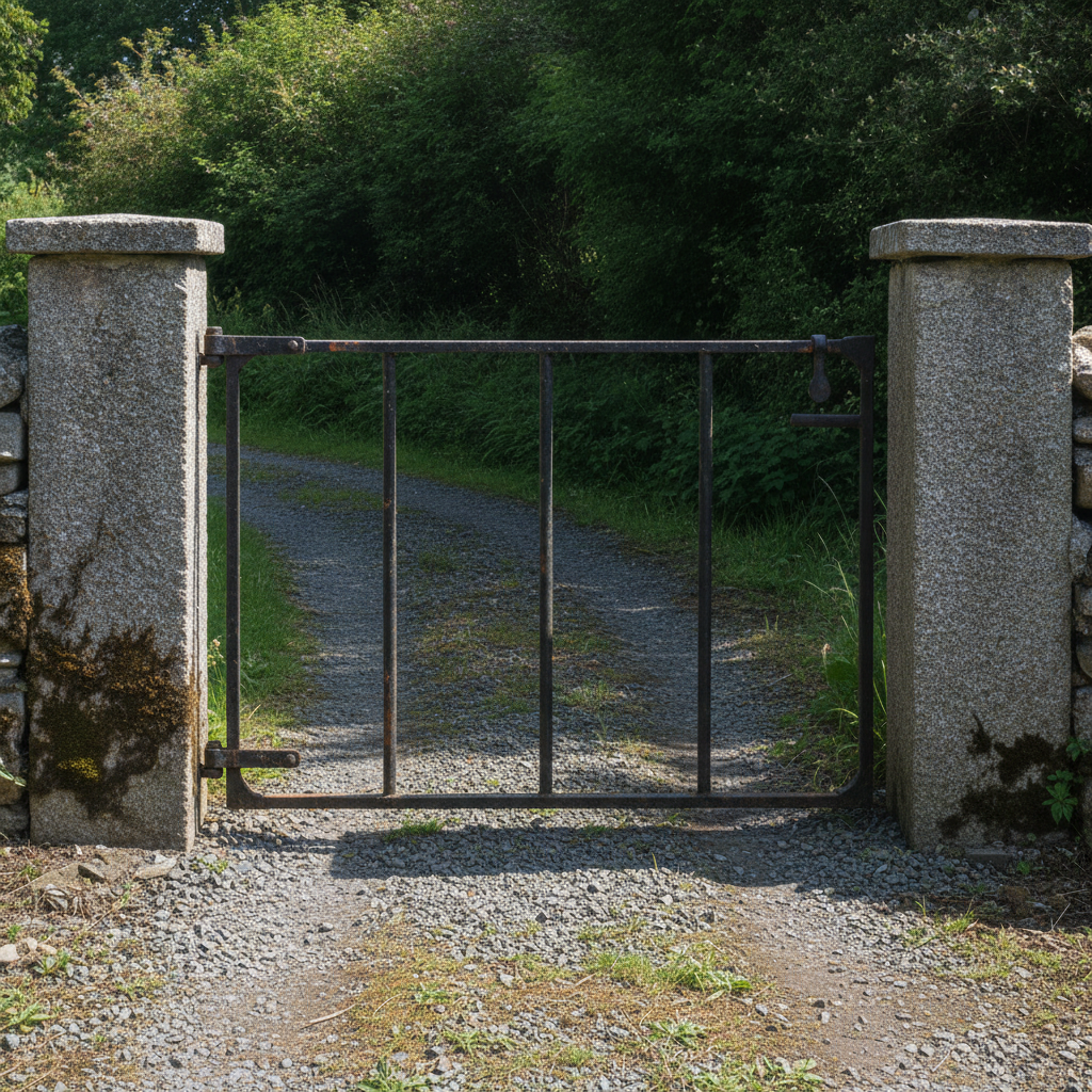 AI garden gate design generator result: a black wrought iron gate with upright bars and rust bloom, hung between two rough granite piers over a gravel track