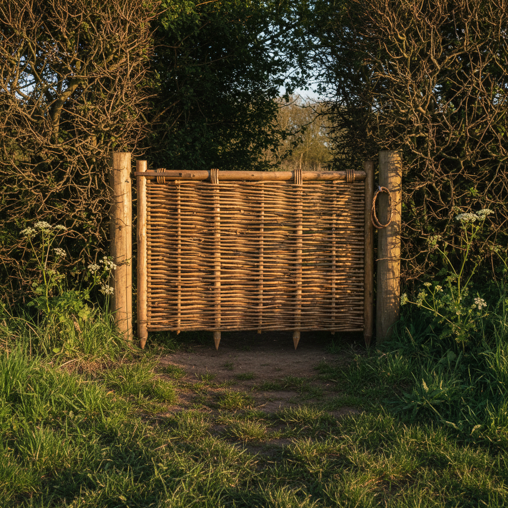 AI garden gate design generator result: a woven hazel hurdle gate with willow ties and a plaited loop latch, hung in a gap in a tall hawthorn hedge in evening light