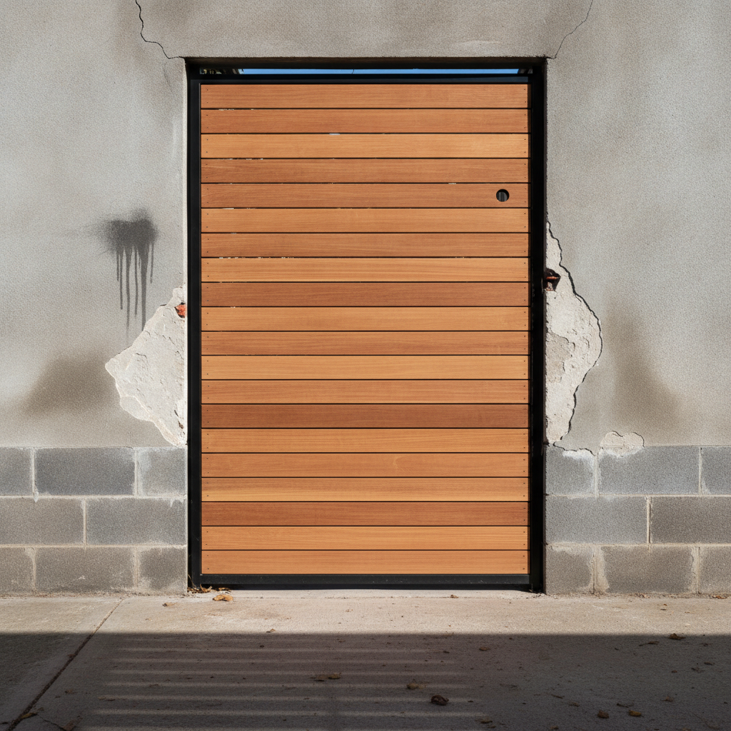 AI garden gate design generator result: a modern gate of horizontal cedar slats in a blackened steel frame, set in a rendered wall blown away to bare blockwork